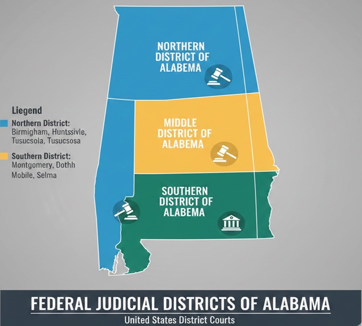 Complete explain to Alabama's Three Federal Judicial Districts